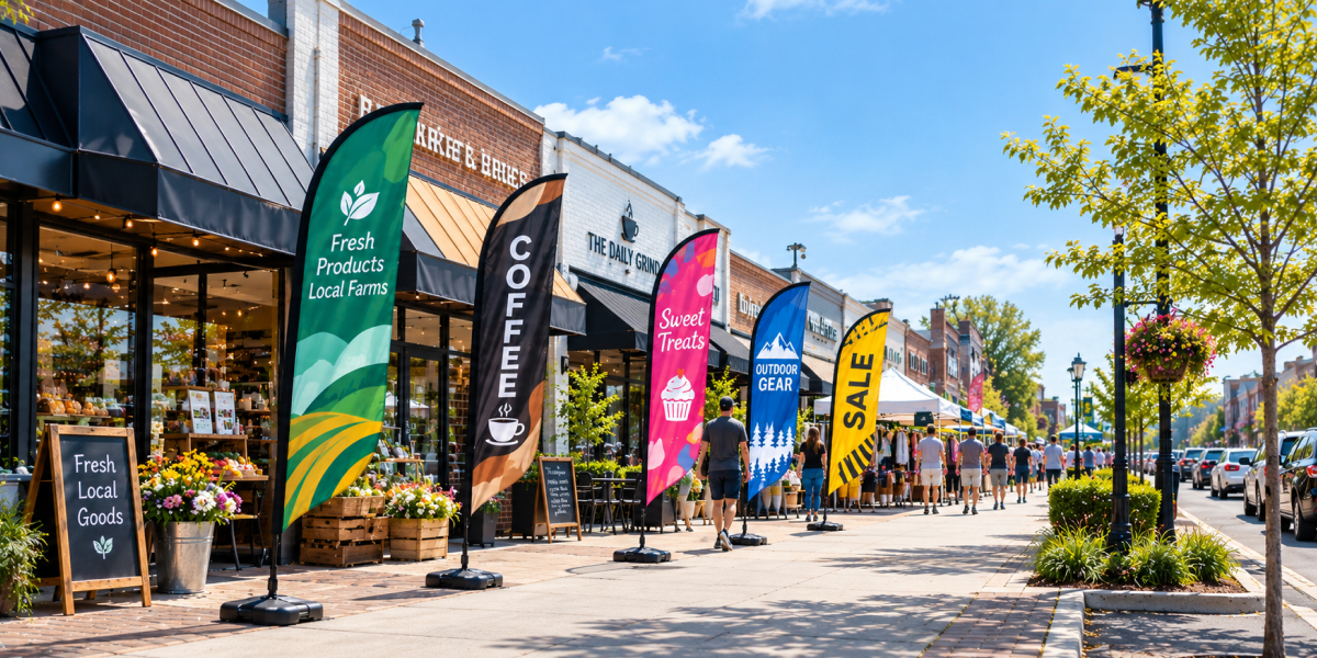 feather flags outside storefronts
